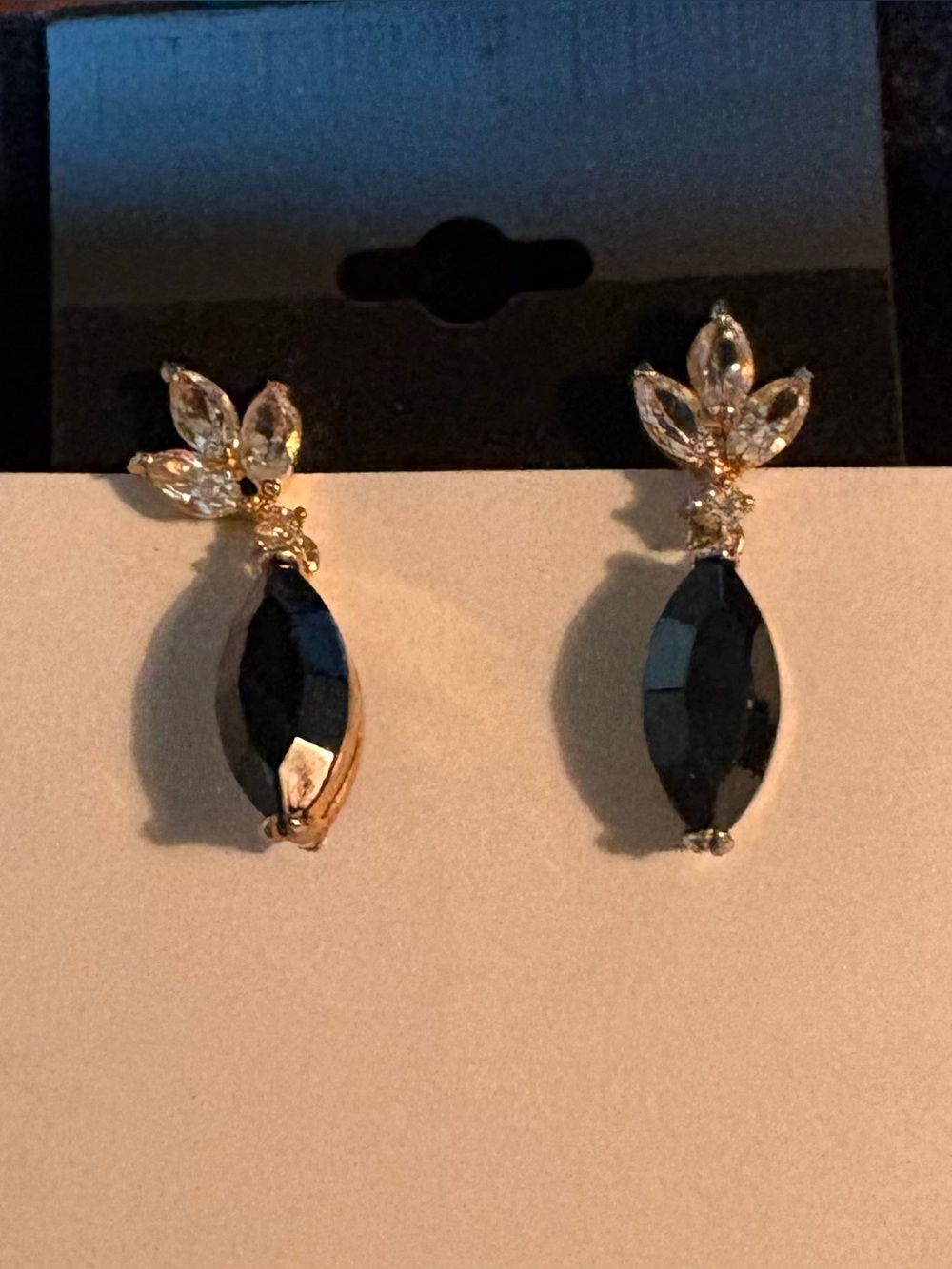 Gold-Tone Black Marquise Drop Earrings with Clear Crystal Accents